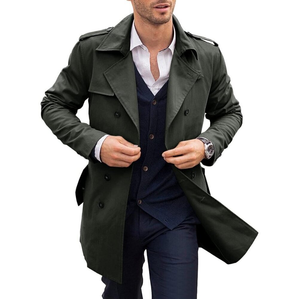 🆕Mens Army Green Trench Coat Notched Lapel Double Breasted Windbreaker Overcoat